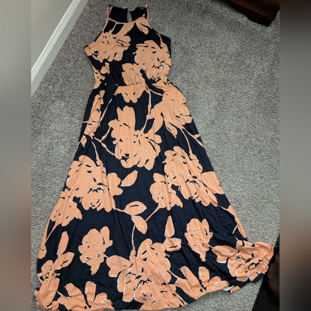 Floral Sleeveless Maxi Dress - Navy and Peach